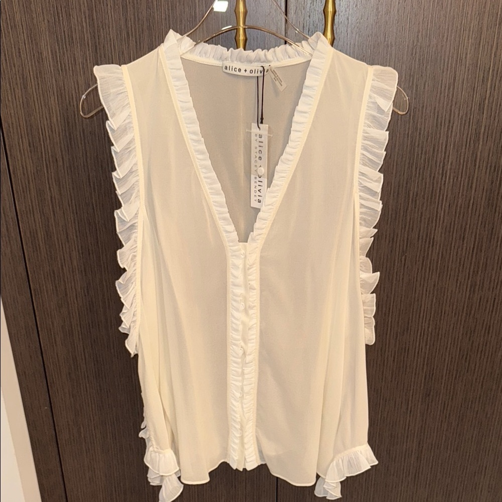 Alice + Olivia Cream Ruffle Cold Shoulder Blouse - Picture 5 of 16